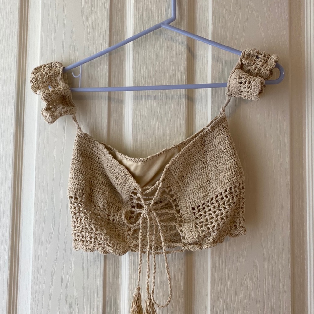 Crochet off the shoulder lace up crop top